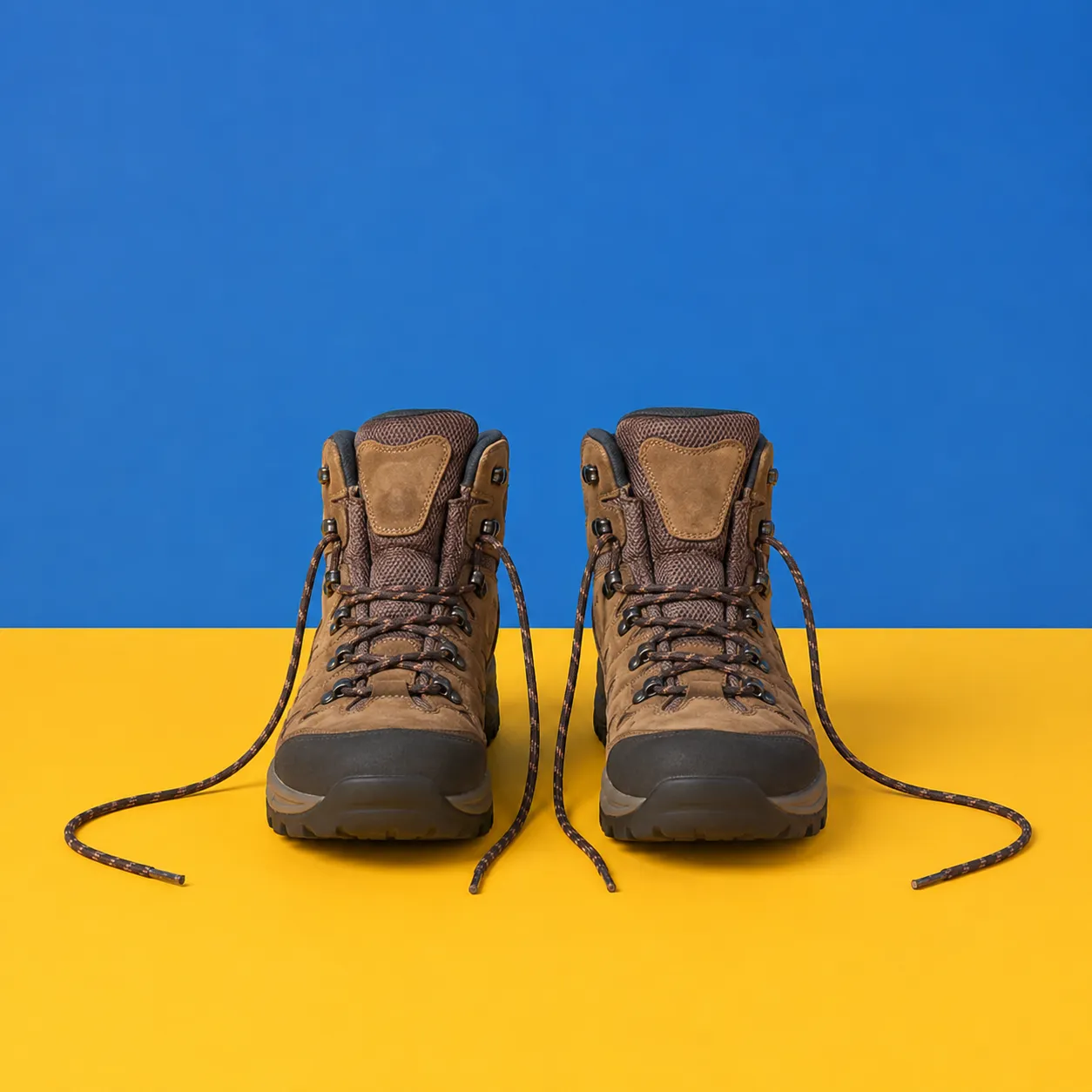 Walking boots with trailing laces on a yellow floor against a cobalt wall