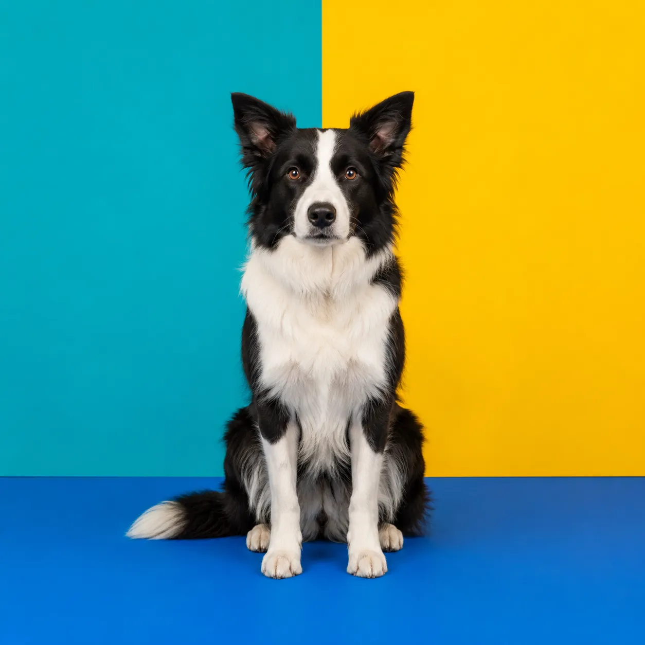 A border collie sitting upright in front of a teal and yellow split wall on a blue floor