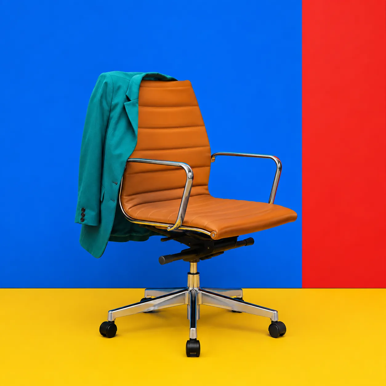 A tan swivel office chair with a green jacket, against flat blue and red walls