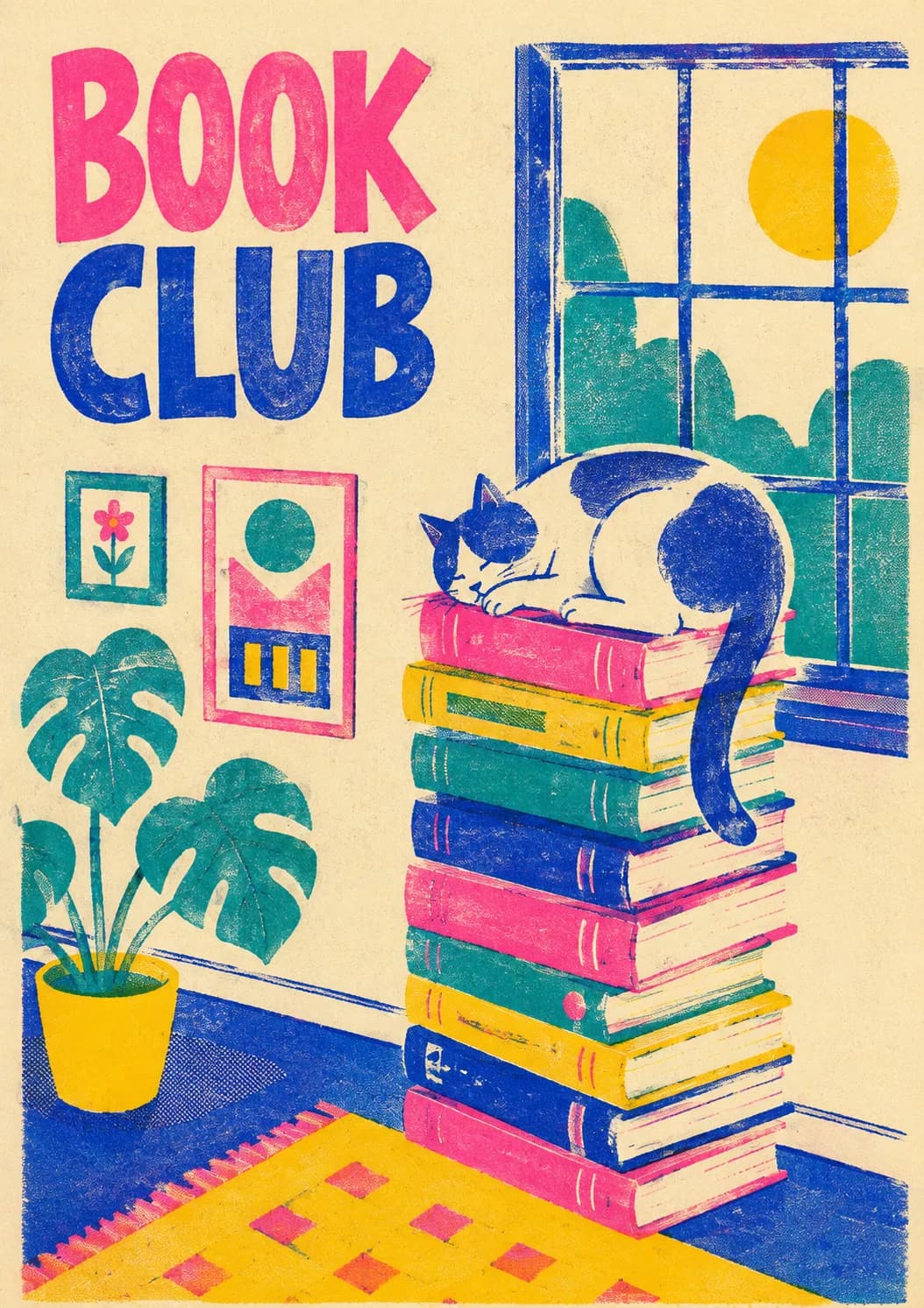 Risograph poster: Book Club, with a stack of books and a cat