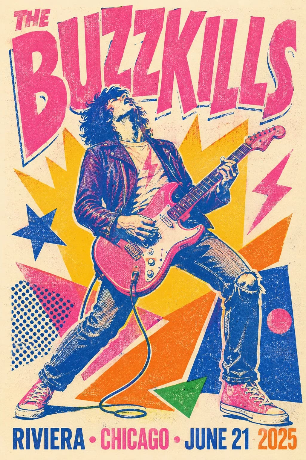 Risograph gig poster: The Buzzkills, a guitarist mid-jump