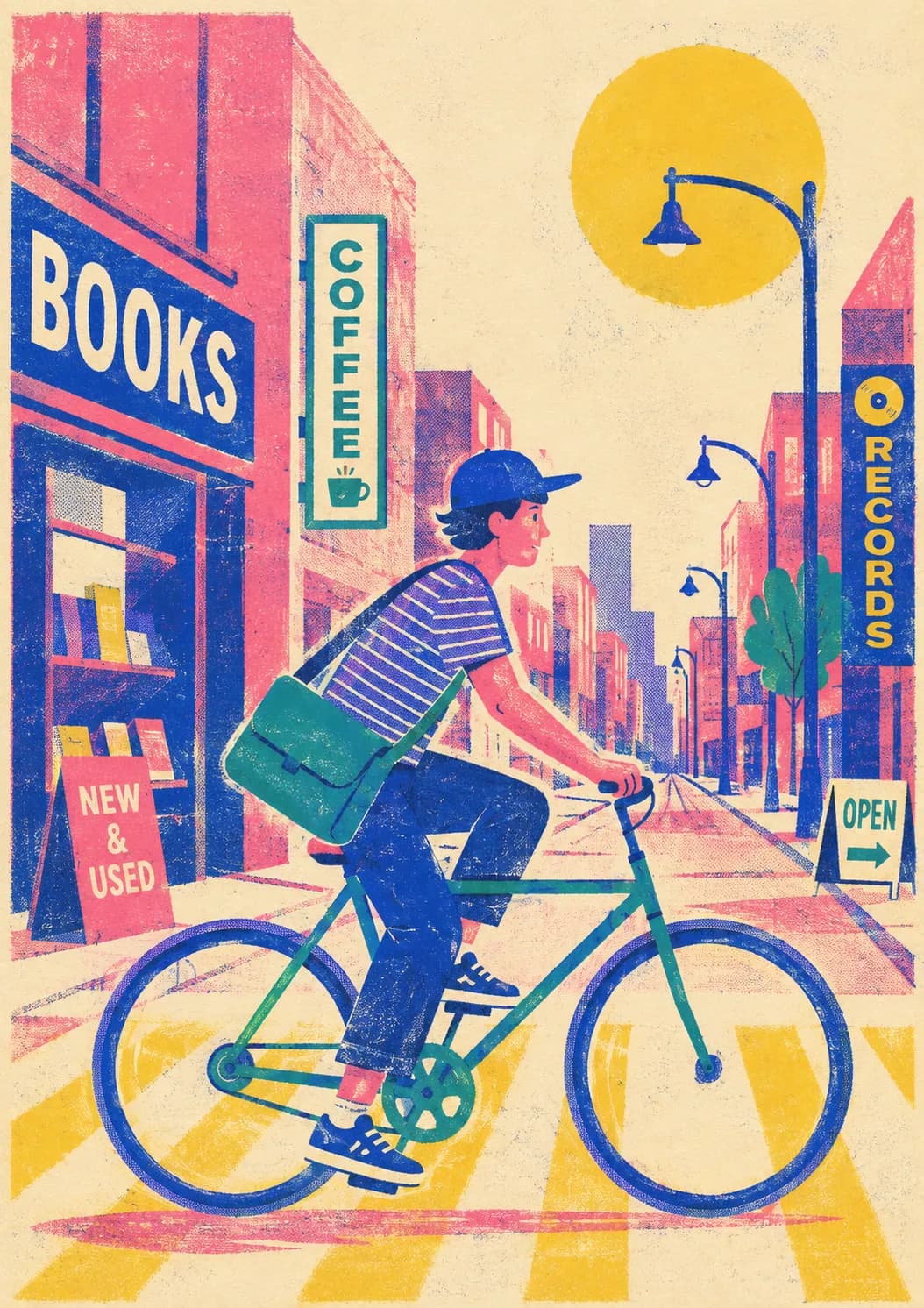 Risograph print of a cyclist passing a bookshop and coffee sign