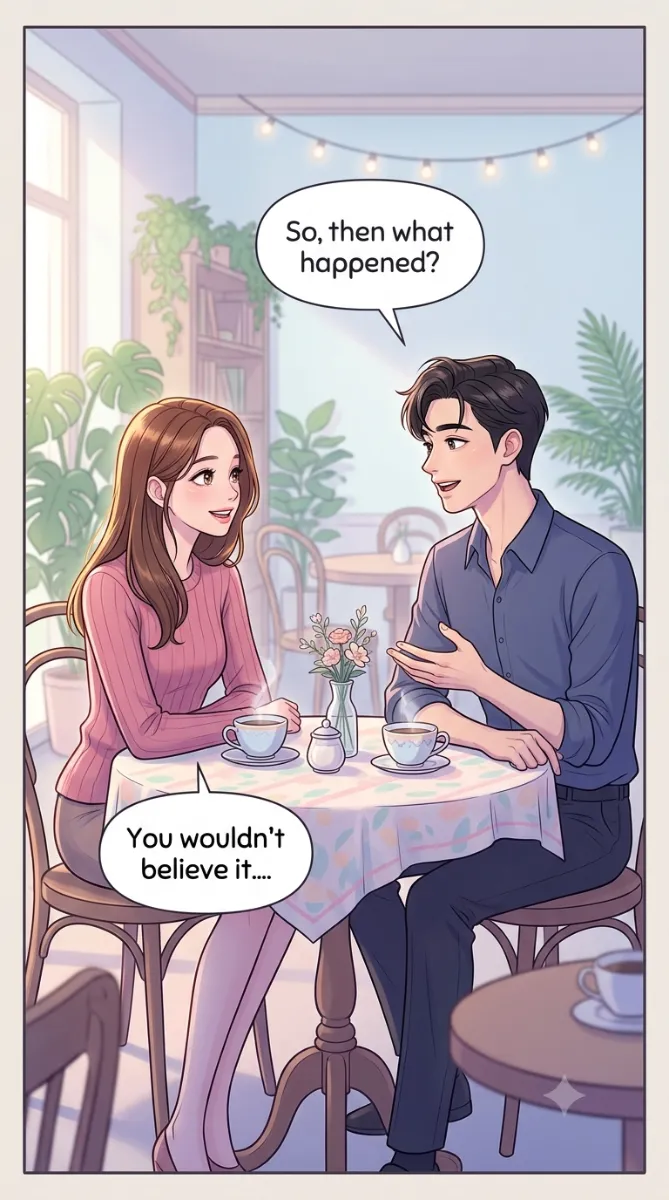 A quiet two-character cafe moment carried by the style's soft shading and clean lines.