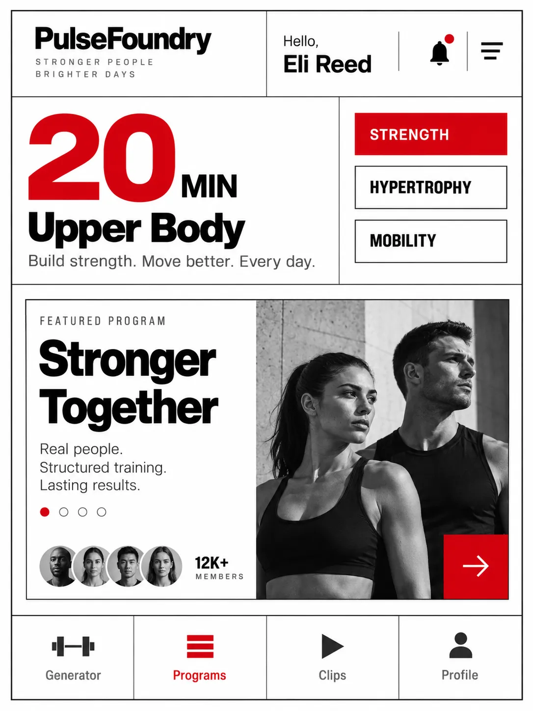 One workout home screen — greeting, summary, program card and bottom navigation.