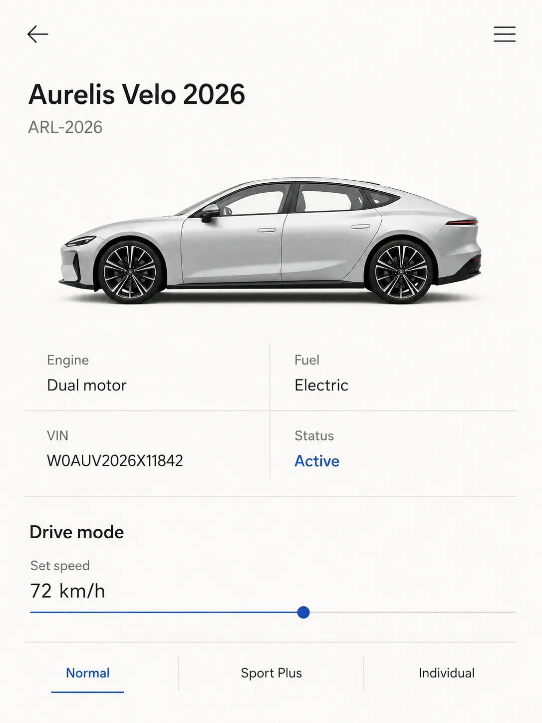 One vehicle-details screen, alone in the frame — the style at the size a gallery card shows it.