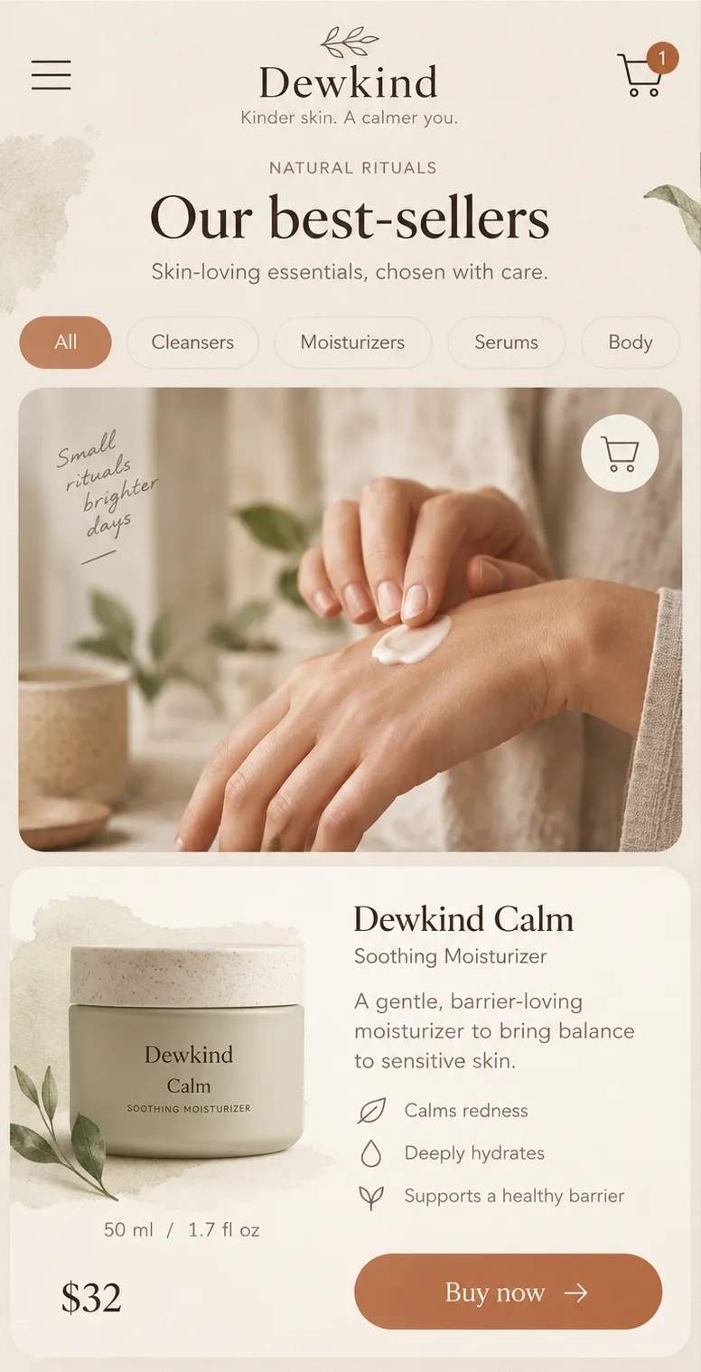 A single commerce screen: category tabs, one large product image and a summary card.
