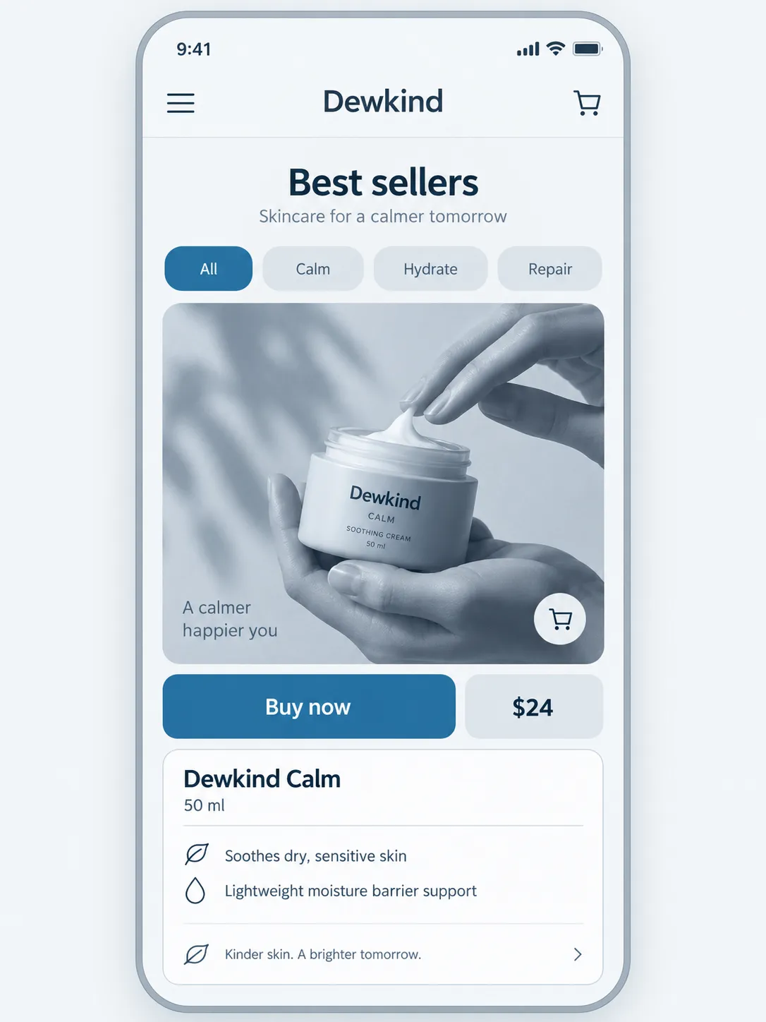 A single commerce screen: category tabs, one large product image and a summary card.