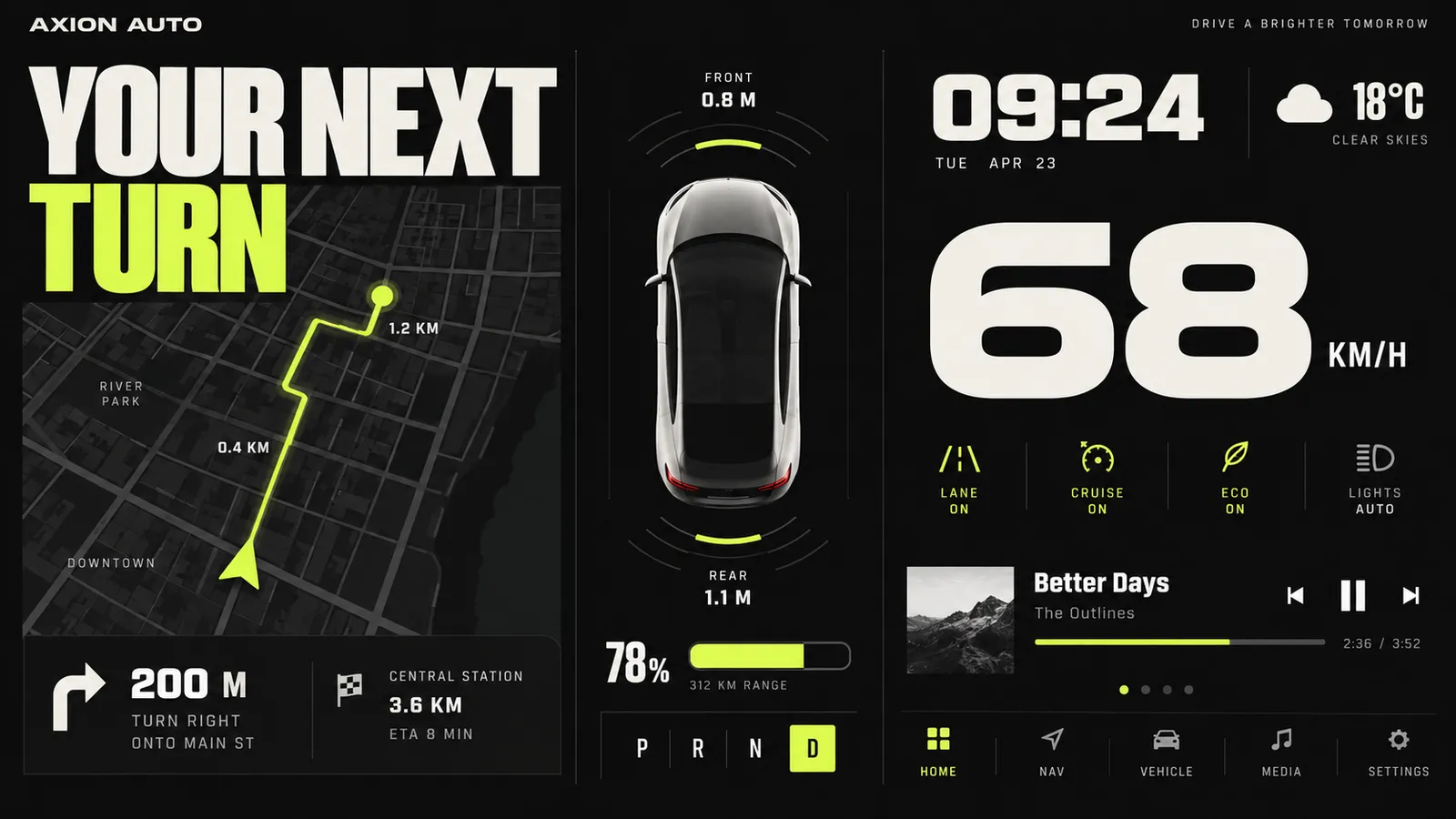 An in-car display: map, proximity view and a large speed gauge in one wide frame.