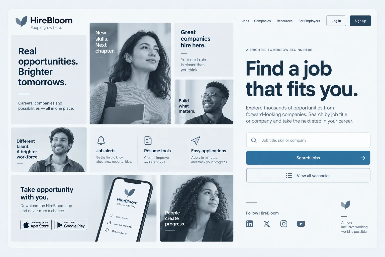 A landing page split between a people collage and a search-led right column.
