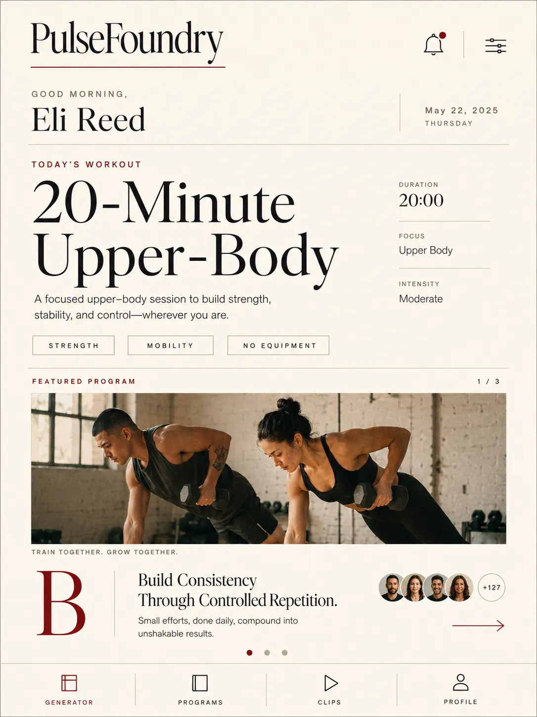 One workout home screen — greeting, summary, program card and bottom navigation.