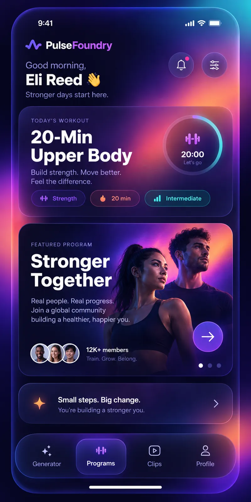 One workout home screen — greeting, summary, program card and bottom navigation.