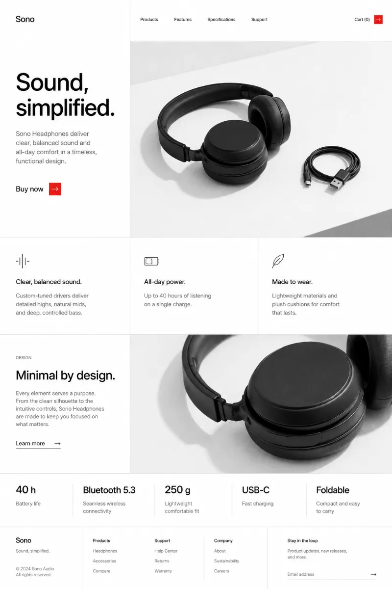 Design a website landing page for a headphone