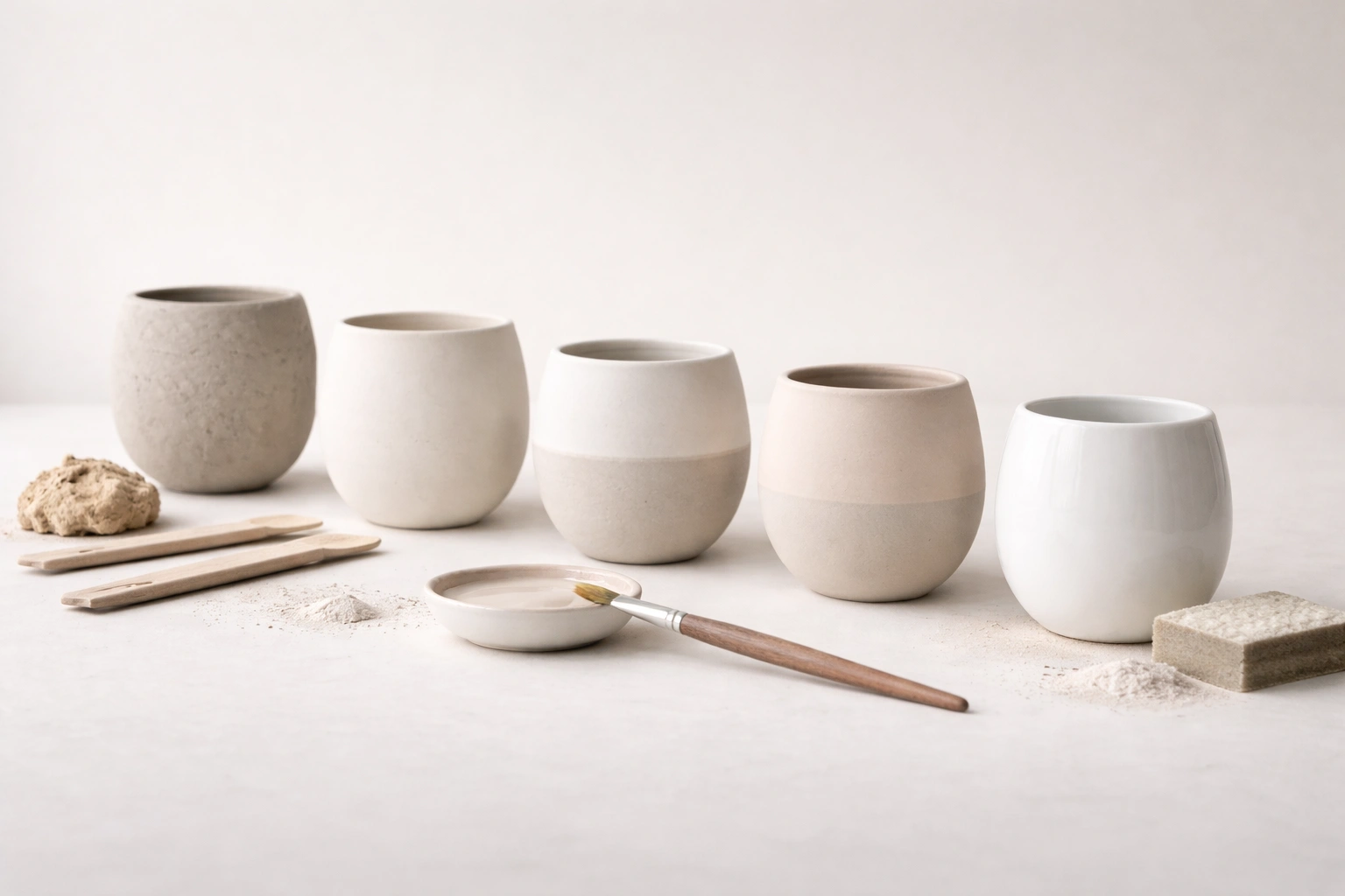 Five ceramic vessels progressing from rough clay to precision-glazed form, illustrating the five-step AI art direction workflow